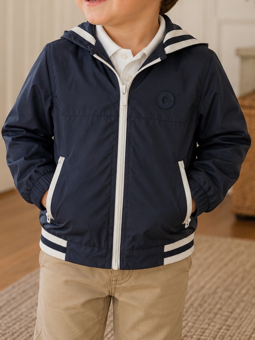 Mayoral Navy Windbreaker Jacket White Full Zip Hooded Classic Preppy SS24